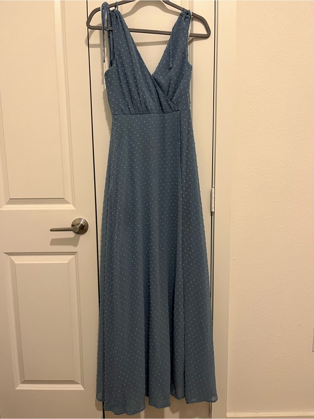 Lulu's Dusty Blue Dotted V-Neck Maxi Dress